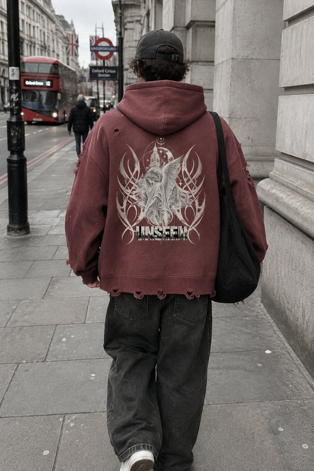 ODMPOD Craftklart Unseen Distressed Full-Zip Hoodie, front view showing faded fabric and distressed details on a casual hoodie.