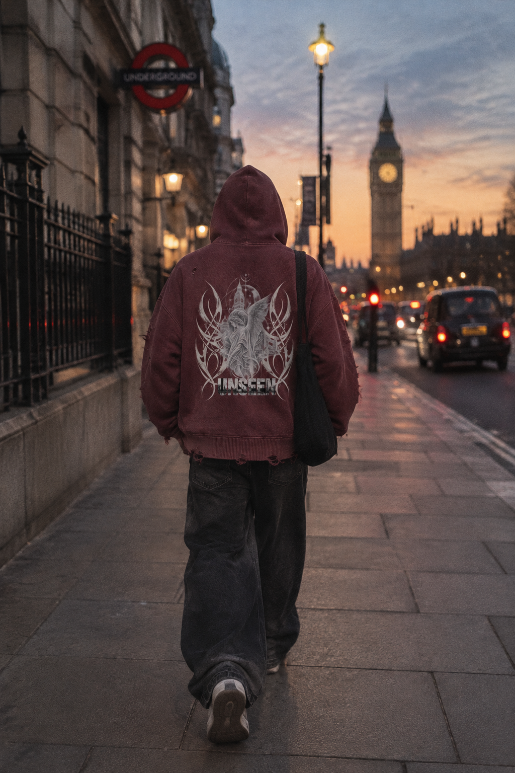 ODMPOD Craftklart Unseen Distressed Full-Zip Hoodie in black, showing front view with distressed details and full zipper closure.