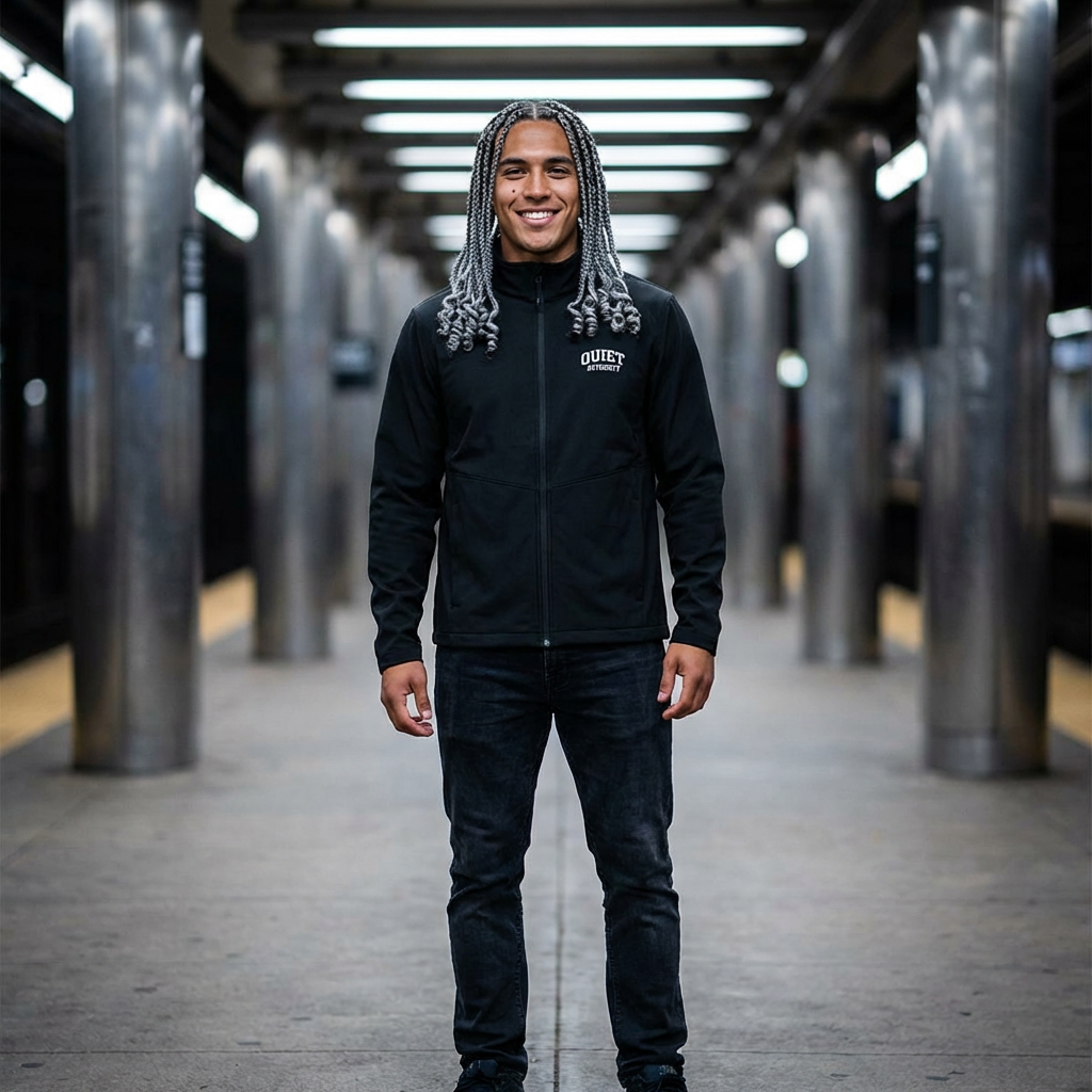 Men's embroidered soft shell jacket with 'Quiet Strength' chest logo, featuring a sleek outerwear design in a neutral color.
