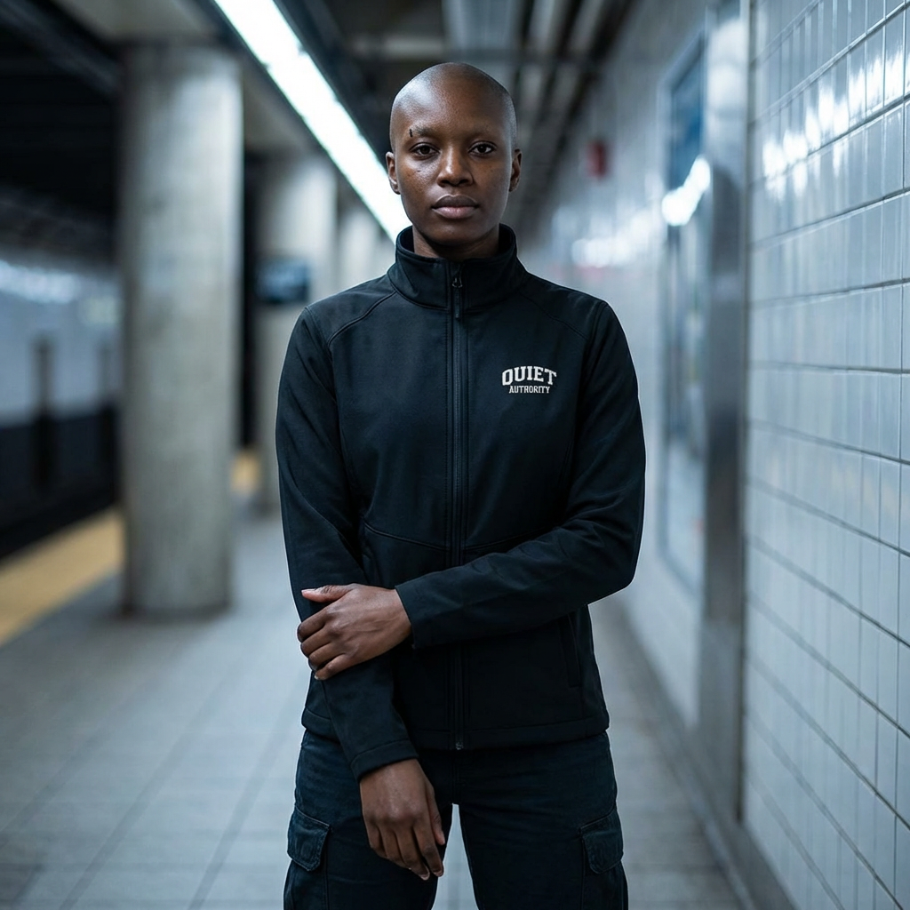 Men's embroidered soft shell jacket with "Quiet Strength" chest logo, durable outerwear by Printify in a sleek, stylish design.