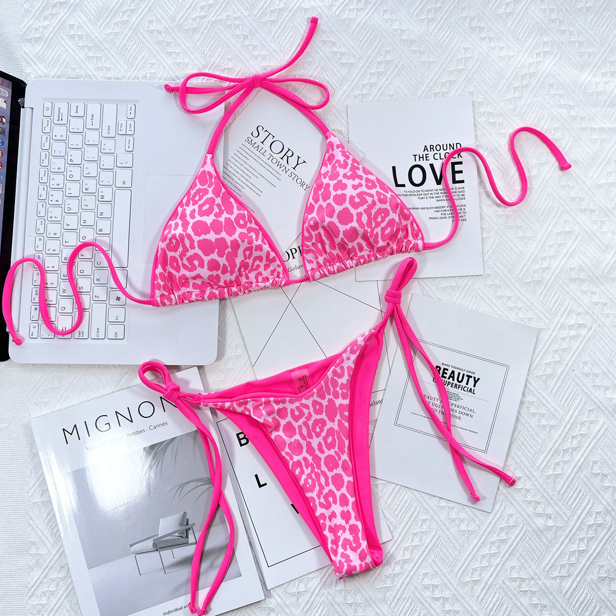Leopard Print Halter Neck Tie Side Bikini Set - Premium Bikini from Trendsi - Just $18.25! Shop now at Craftklart.store
