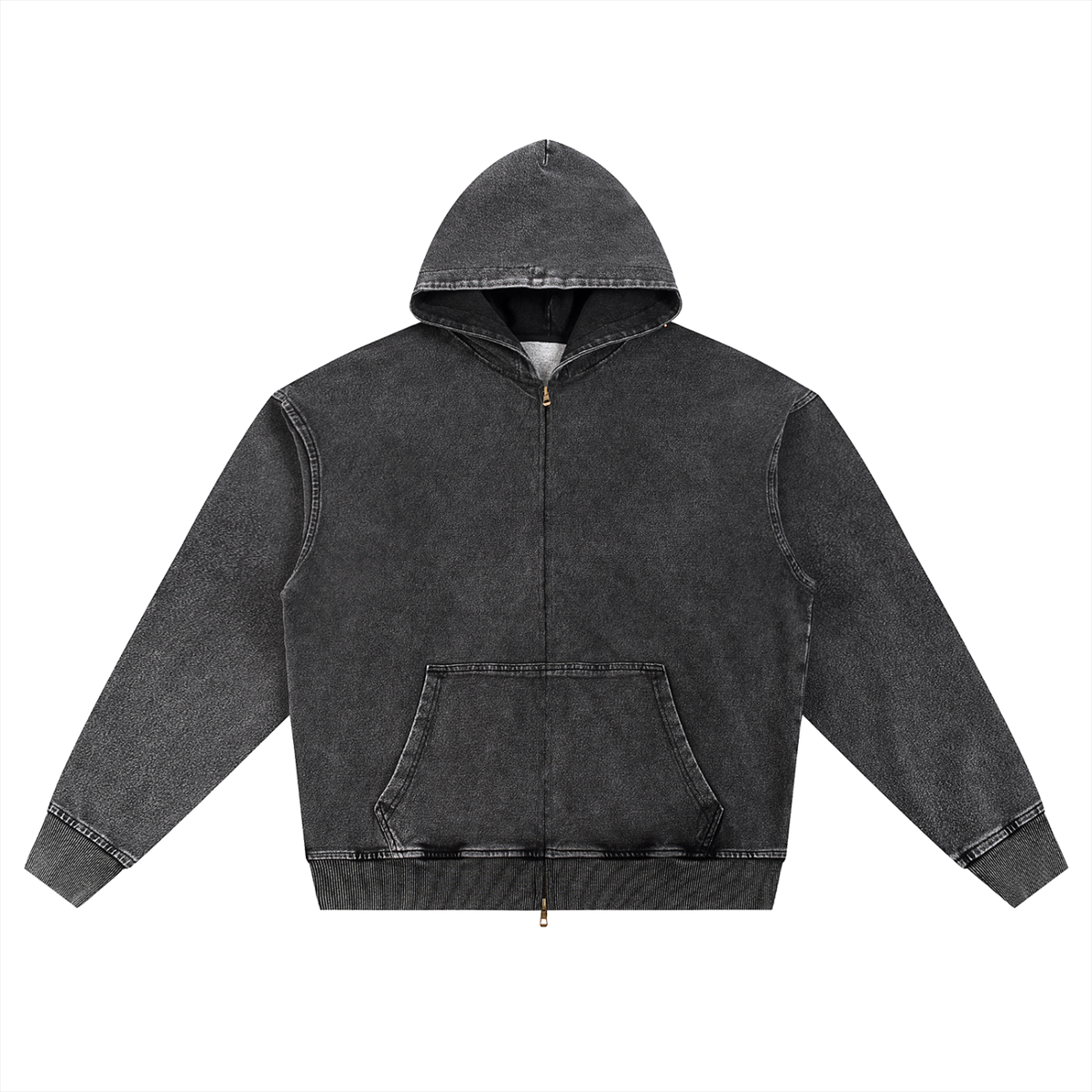 ODMPOD KLART 380GSM snow-wash zip hoodie, grey, with front zipper and drawstring hood, casual apparel for cold weather.