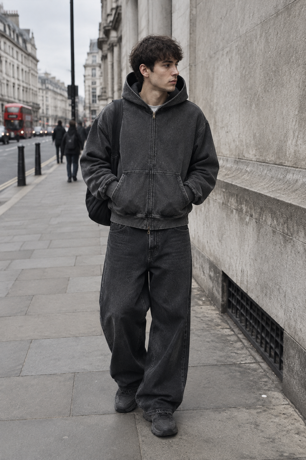 ODMPOD KLART 380GSM snow-wash zip hoodie in gray with front pockets and drawstring hood, casual and comfortable winter wear
