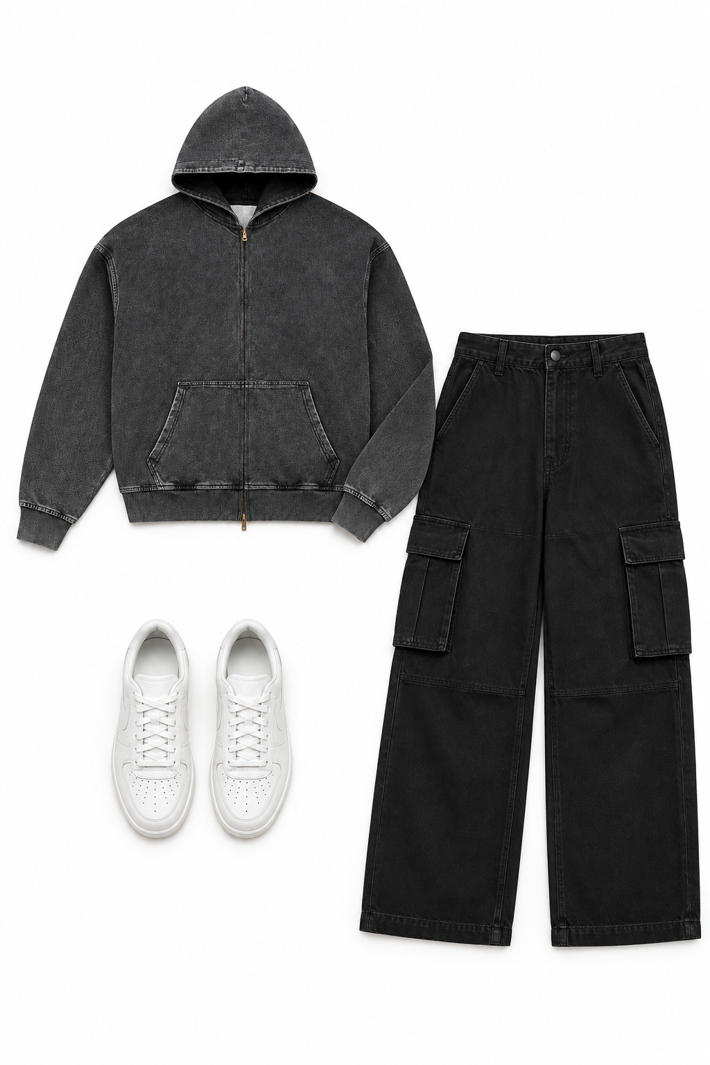 ODMPOD KLART 380GSM snow-wash zip hoodie in gray with front pockets and adjustable drawstrings, casual streetwear style.