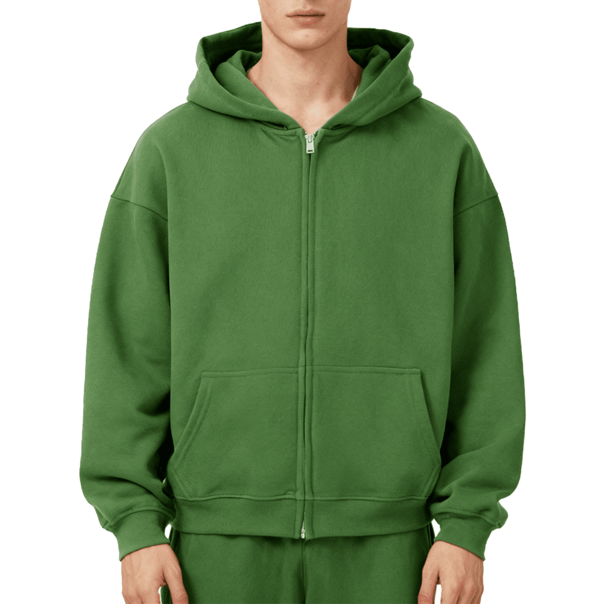 Unisex oversized cropped zip-up hoodie in heavyweight 460GSM fabric, with a front zipper and casual streetwear style.