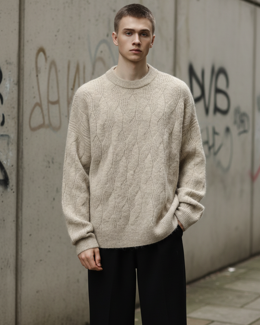 Craftklart Oversized Wool-Blend Knit Jumper – Men's Round Neck Long Sleeve
