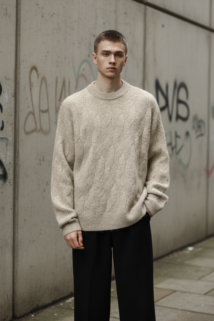 Craftklart Oversized Wool-Blend Knit Jumper – Men's Round Neck Long Sleeve