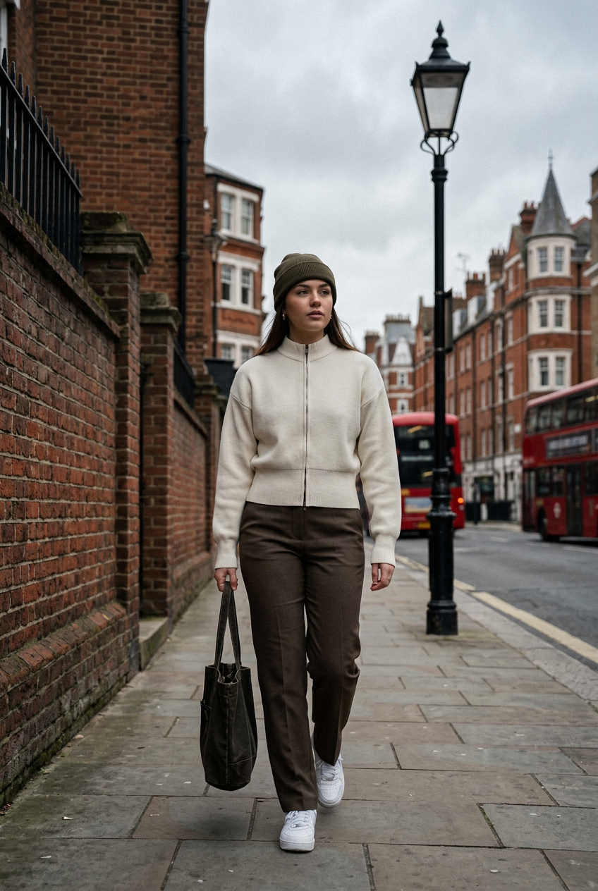 ODMPOD Stillform mock neck zip cardigan, stylish knit sweater with a front zipper and fitted design, in a neutral color.