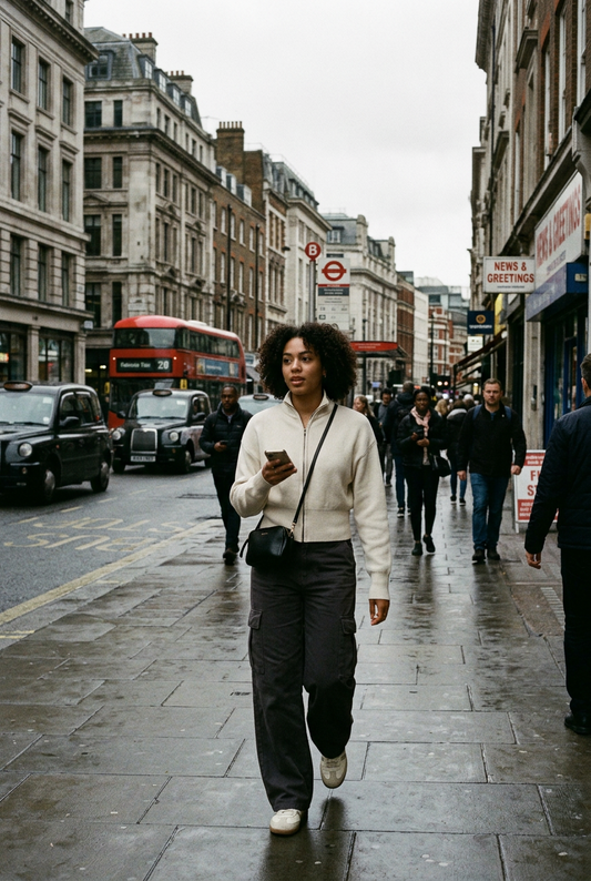 ODMPOD Stillform Mock Neck Zip Cardigan hanging on a hanger, featuring a zip-up front and a sleek, fitted design.