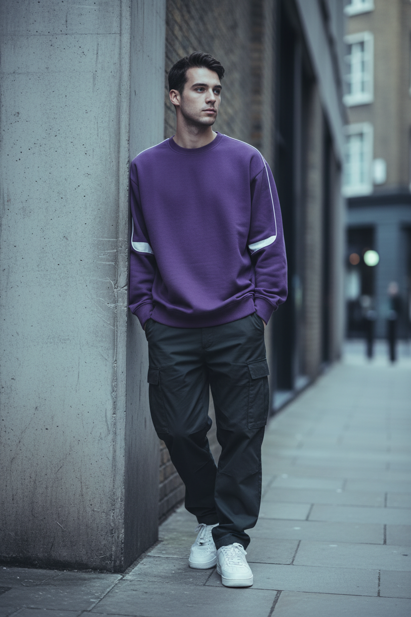 Oversized Crewneck Taped Sweatshirt — Purple