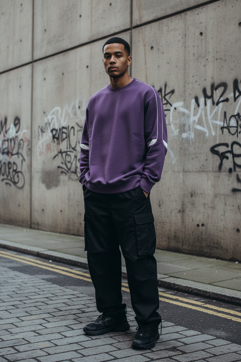 Oversized Crewneck Taped Sweatshirt — Purple