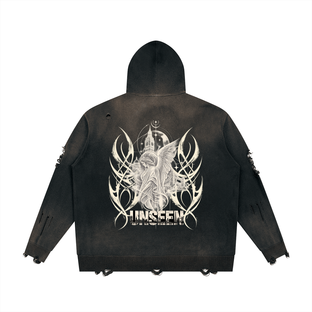 Unseen Distressed Full Zip Sweater