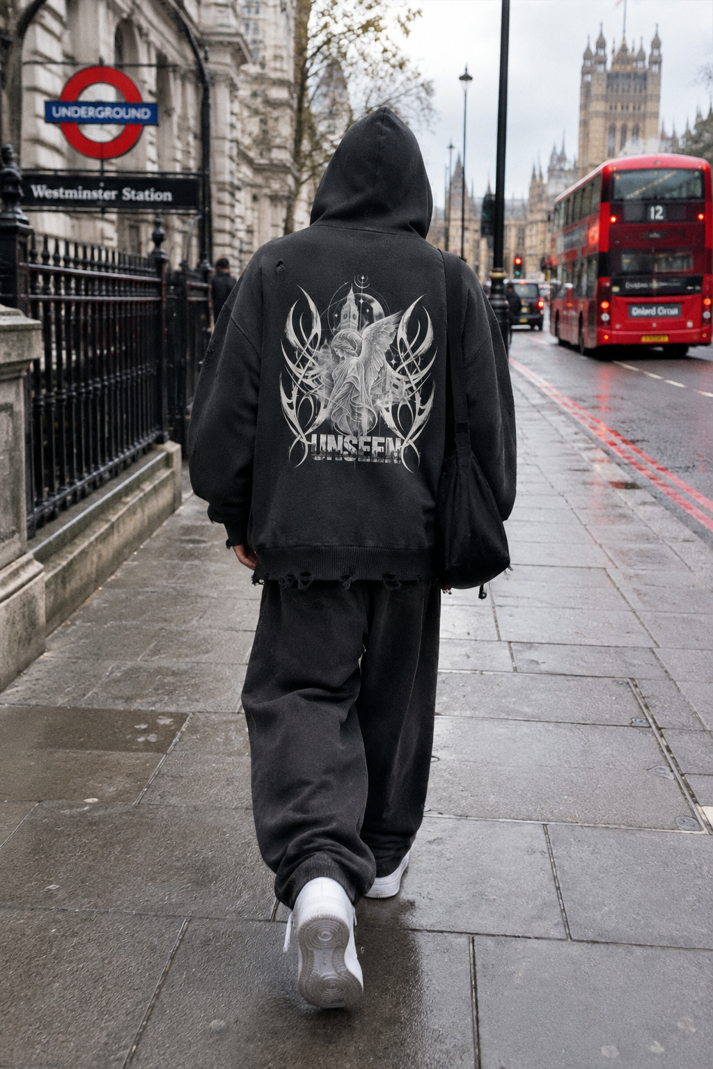 ODMPOD Craftklart Unseen distressed full-zip hoodie in black with a worn, vintage look and front pockets.