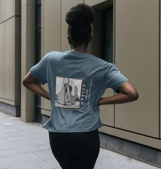 Urban Girl Unseen oversized printed crop T-shirt by CKL, featuring bold graphic design and relaxed fit on a model.