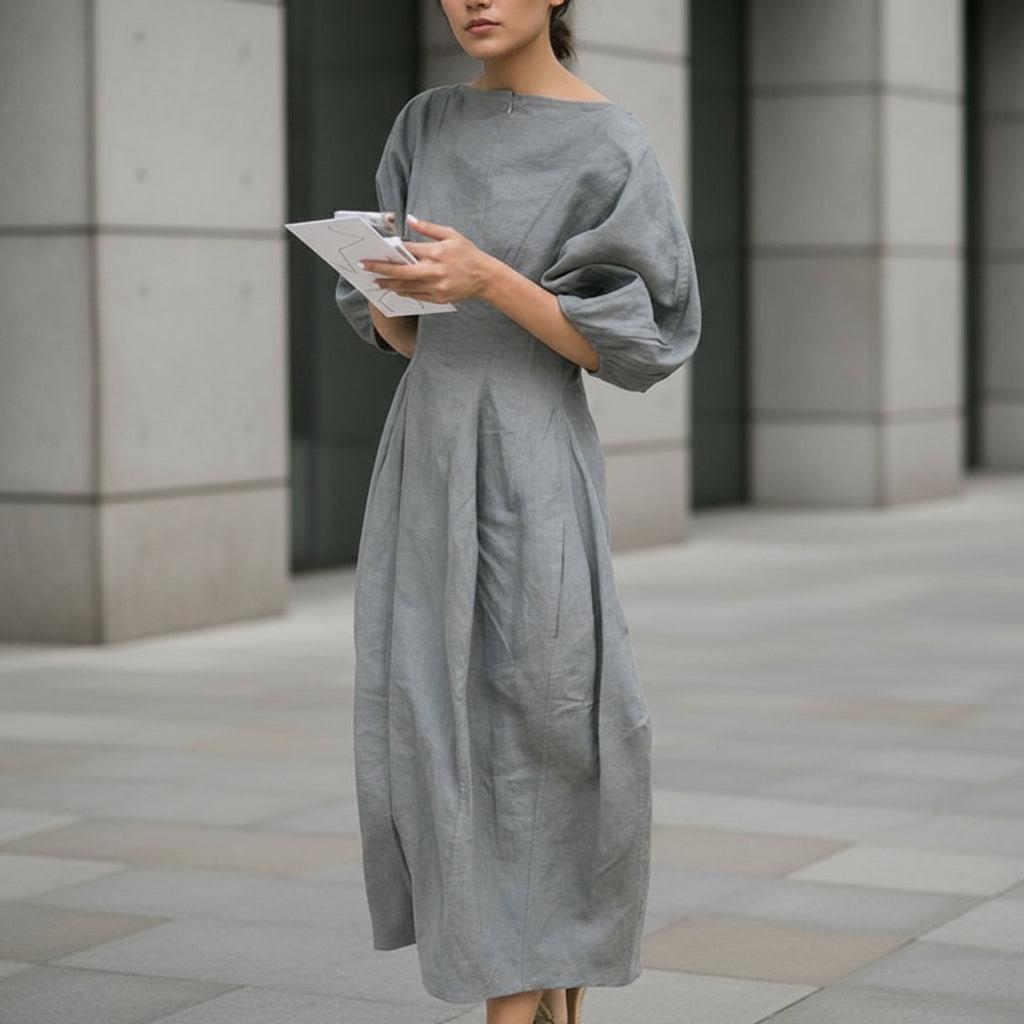 Lantern Sleeve Maxi Dress – Solid Loose Fit