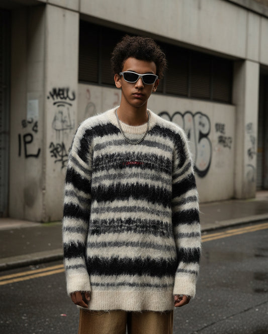 Contrast Stripe Knit Sweater — Loose Fit