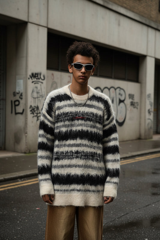 Contrast Stripe Knit Sweater — Loose Fit