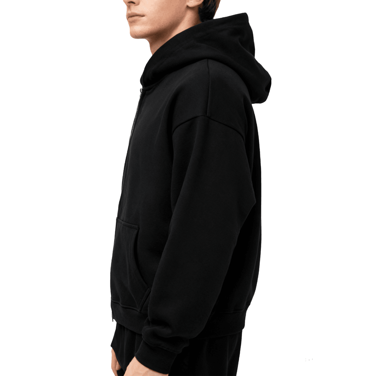 Unisex heavyweight oversized zip-up hoodie in black with front pockets and a hood, made by Urban Fashion & Streetwear.