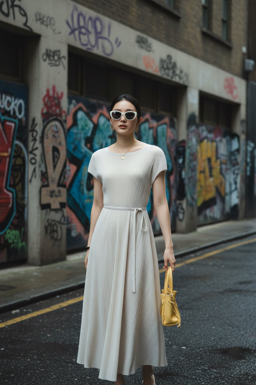 Pleated Urban Lady's Charming Commute Slimming Belted Dress