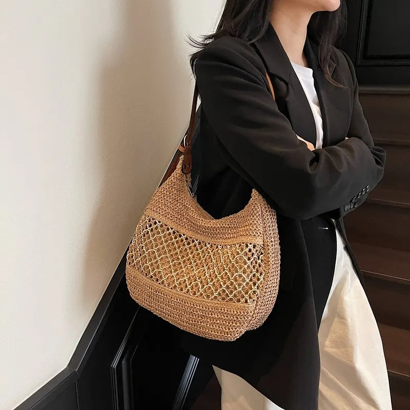 Woven Straw Crescent Shoulder Bag - Premium Bag from Trendsi - Just $23.90! Shop now at Craftklart.store
