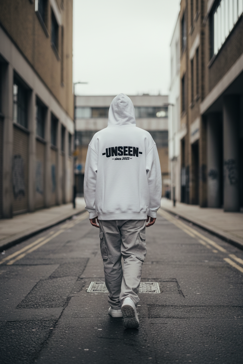 Back view of urban fashion unisex heavyweight cropped oversized zip-up hoodie with 460GSM fabric, in a streetwear style.