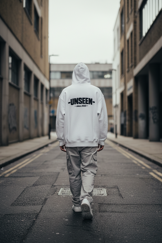 Back view of urban fashion unisex heavyweight cropped oversized zip-up hoodie with 460GSM fabric, in a streetwear style.