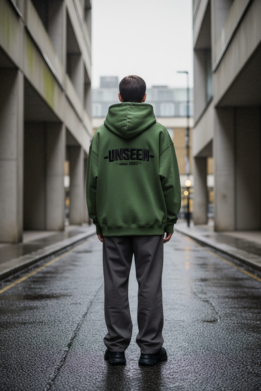 Back view of a unisex oversized cropped zip-up hoodie in heavyweight 460GSM fabric, featuring a casual streetwear style.
