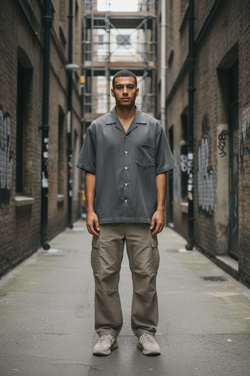 Urban Fashion & Streetwear Cuban Collar Short-Sleeve Shirt with vibrant pattern, front view showing collar and short sleeves.