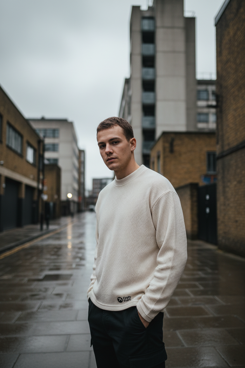 Craftklart waffle knit cropped long sleeve sweater in 290GSM, featuring a cozy, textured waffle pattern and fitted silhouette.