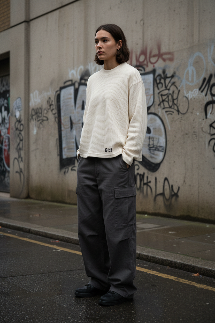 Urban Fashion Craftklart waffle knit cropped long sleeve sweater with a soft, textured waffle pattern and a relaxed fit.