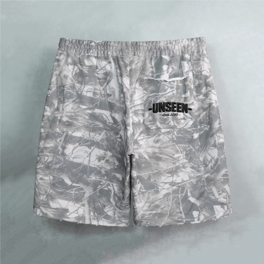 Back view of Urban Fashion & Streetwear French Terry Camo Shorts with 400GSM, featuring a stylish camouflage pattern and relaxed fit.