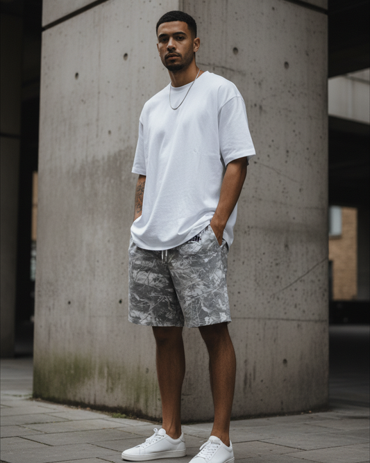 Back view of urban style French Terry camo shorts with 400GSM, featuring a relaxed fit and camouflage pattern.