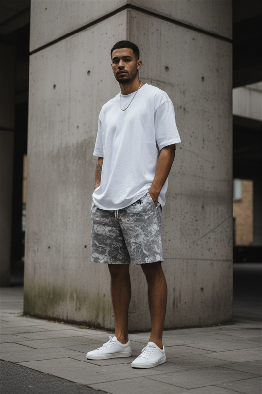 Back view of urban style French Terry camo shorts with 400GSM, featuring a relaxed fit and camouflage pattern.