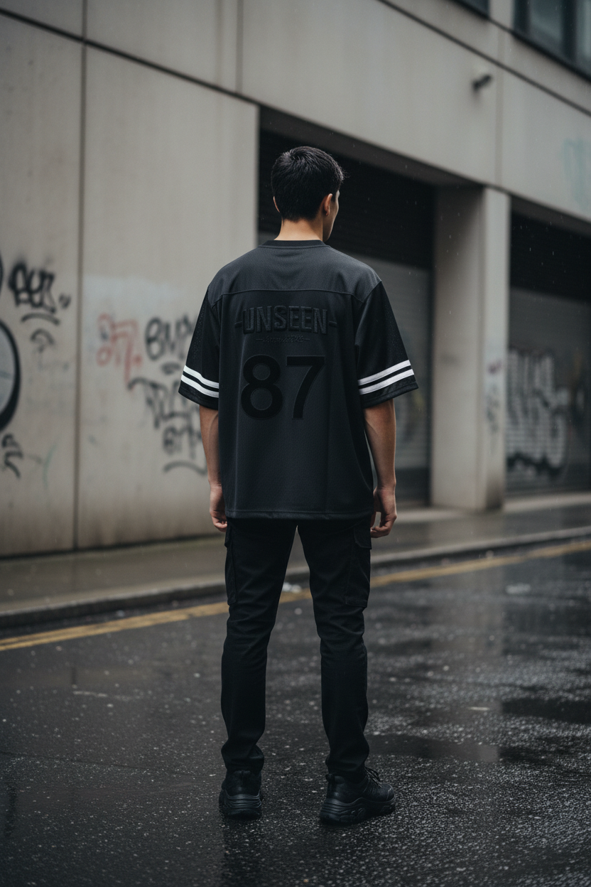 Urban Fashion & Streetwear contrast cut-out V-neck T-shirt with oversized fit, back view, 240GSM, casual streetwear style