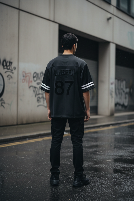 Urban Fashion & Streetwear contrast cut-out V-neck T-shirt with oversized fit, back view, 240GSM, casual streetwear style
