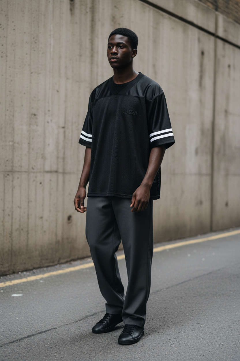 Urban Fashion & Streetwear contrast cut-out V-neck T-shirt, oversized fit, 240GSM fabric, front view with cut-out detail.