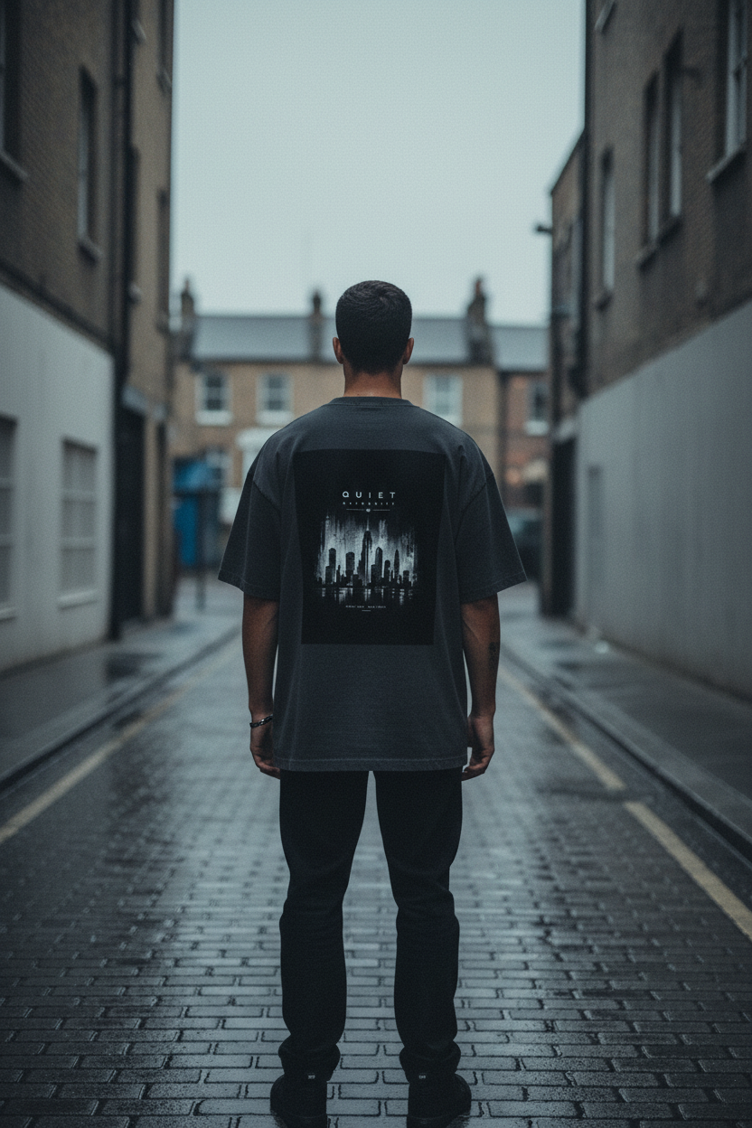 Back view of Craftklart heavyweight snow-wash oversized printed T-shirt in black with graphic design, 300GSM urban streetwear style.