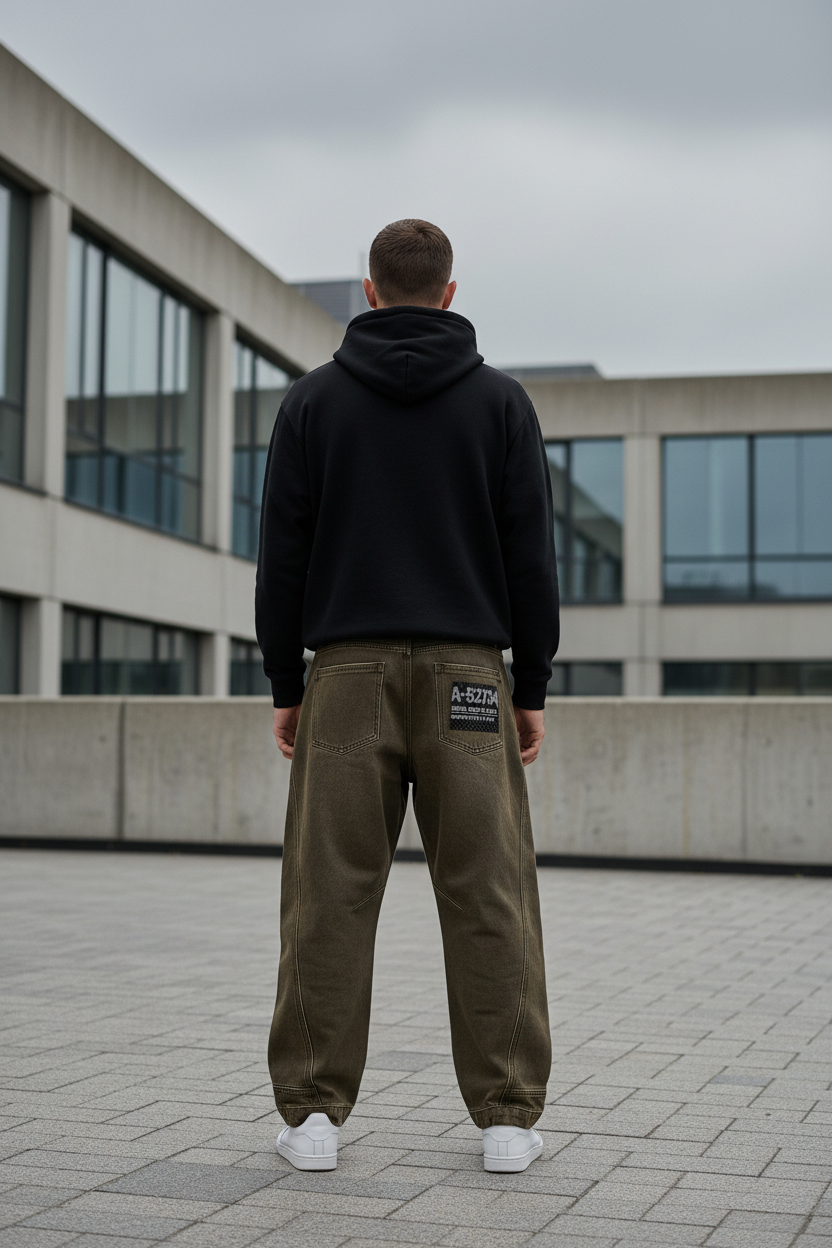 Back view of Urban Fashion & Streetwear's Street Washed Curved Loose-Fit Jeans, showcasing relaxed fit and washed denim texture.