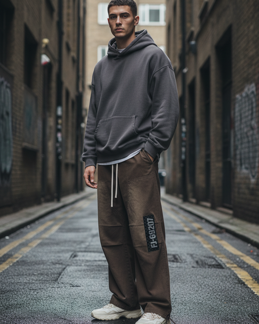 Front view of heavyweight vintage washed monkey wash lumberjack work pants in dark denim, with rugged stitching and reinforced knees.