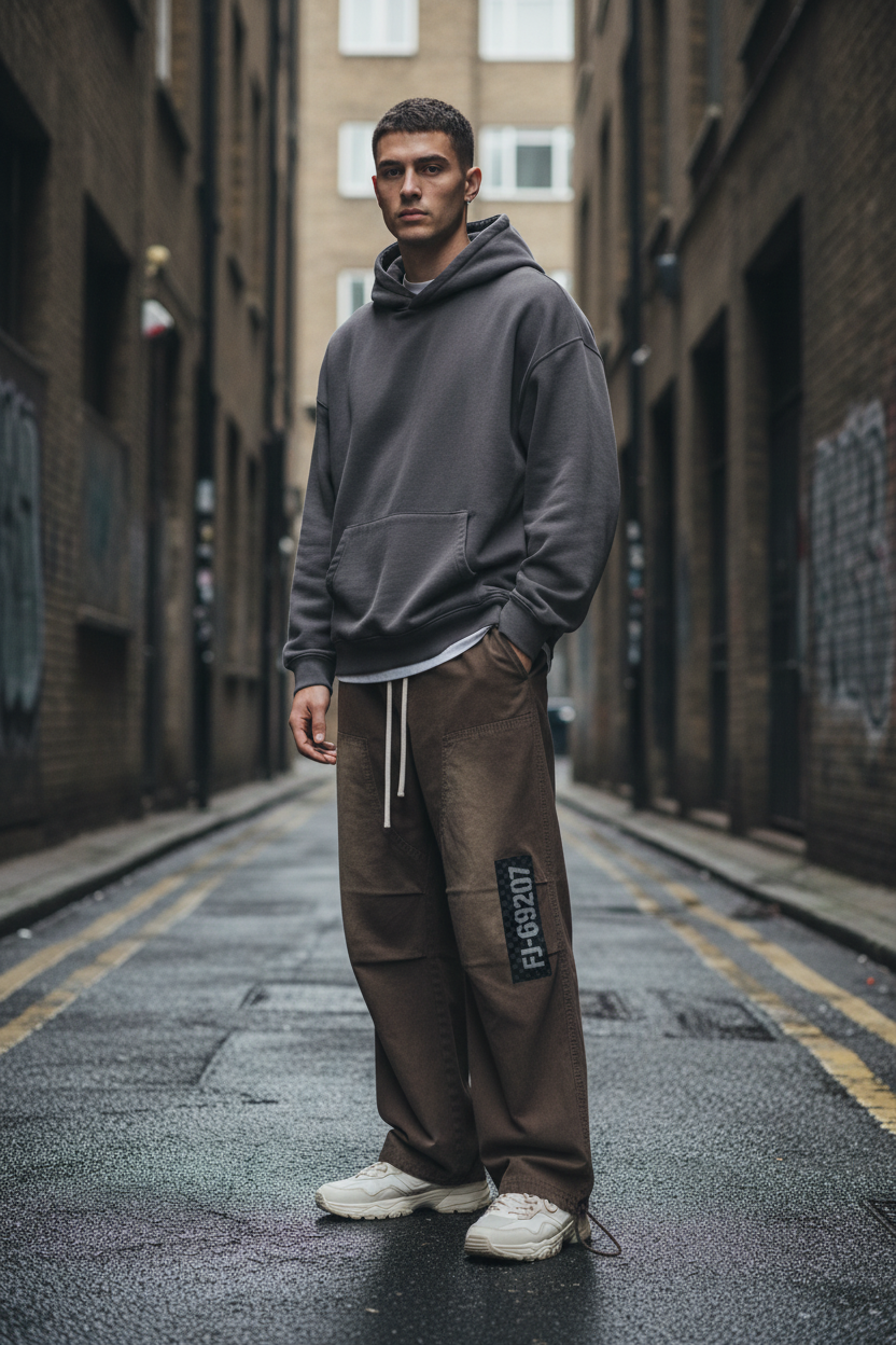 Front view of heavyweight vintage washed monkey wash lumberjack work pants in dark denim, with rugged stitching and reinforced knees.