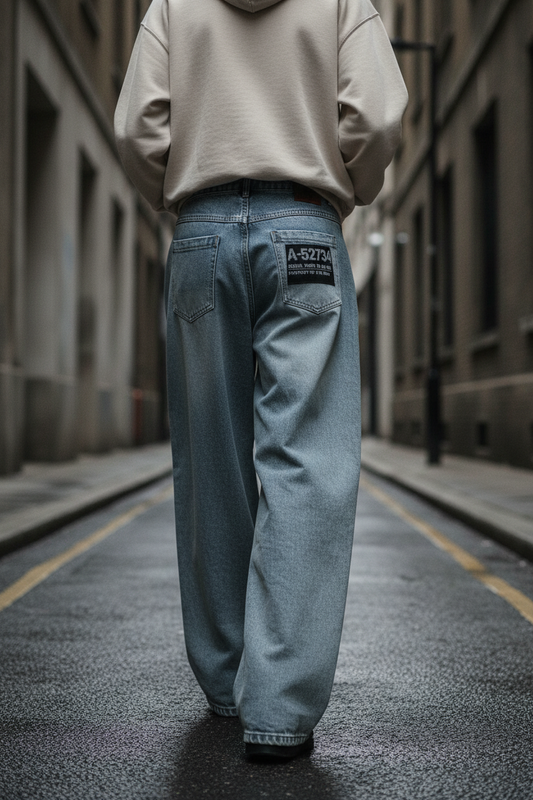 Unisex double waist hip-hop style wide-leg jeans with bold design, featuring multiple waistbands and relaxed fit.
