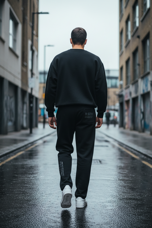 Black heavyweight fleece sweatpants with oversized fit from Urban Fashion & Streetwear, featuring 380GSM fleece fabric.