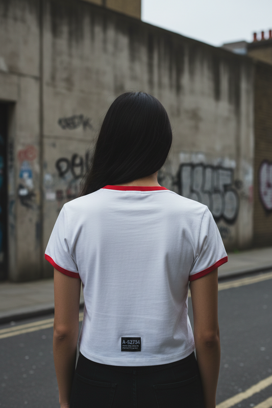 Back view of Urban Fashion & Streetwear women's Core Baby Tee with color ribbing, 200GSM cotton t-shirt in natural fabric detail.