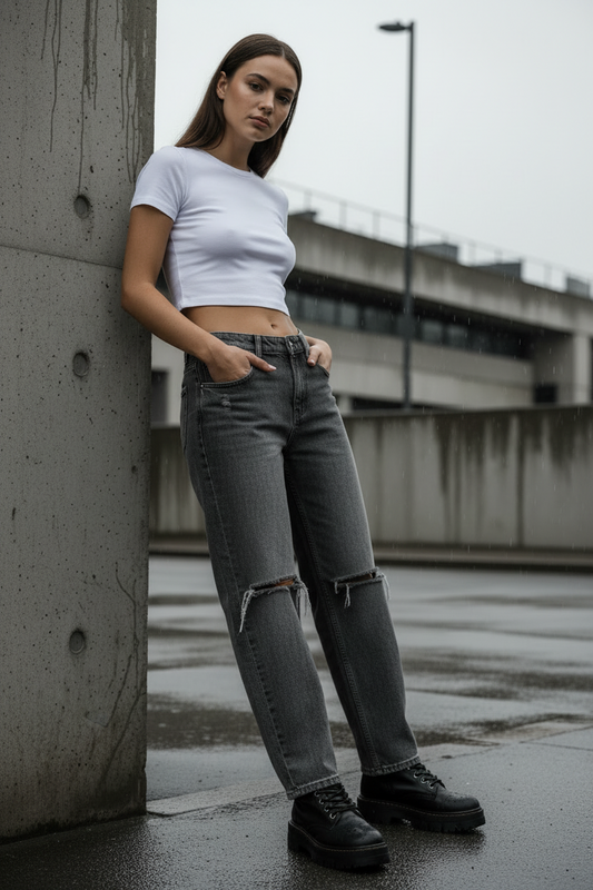 Front view of stylish Urban Fashion & Streetwear ripped straight-leg jeans with distressed detailing and durable denim fabric.