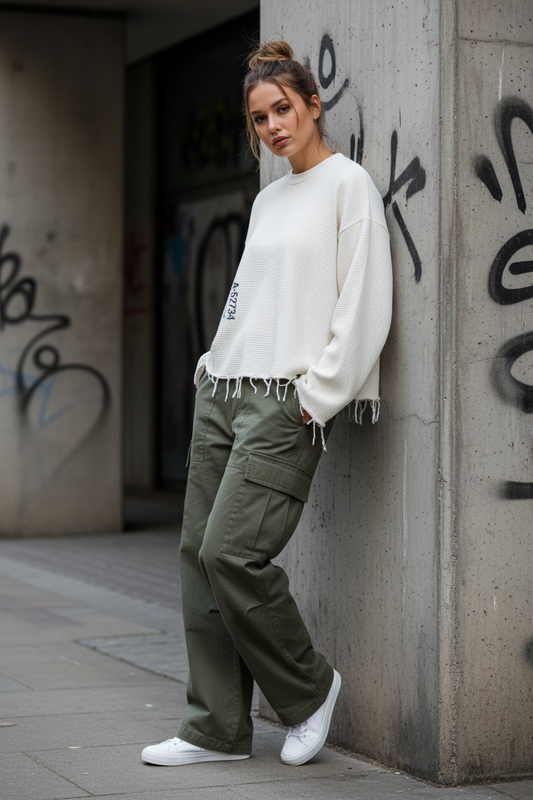 Urban Fashion & Streetwear waffle cropped long-sleeve sweater with 290GSM, front view showing textured knit and fitted style.