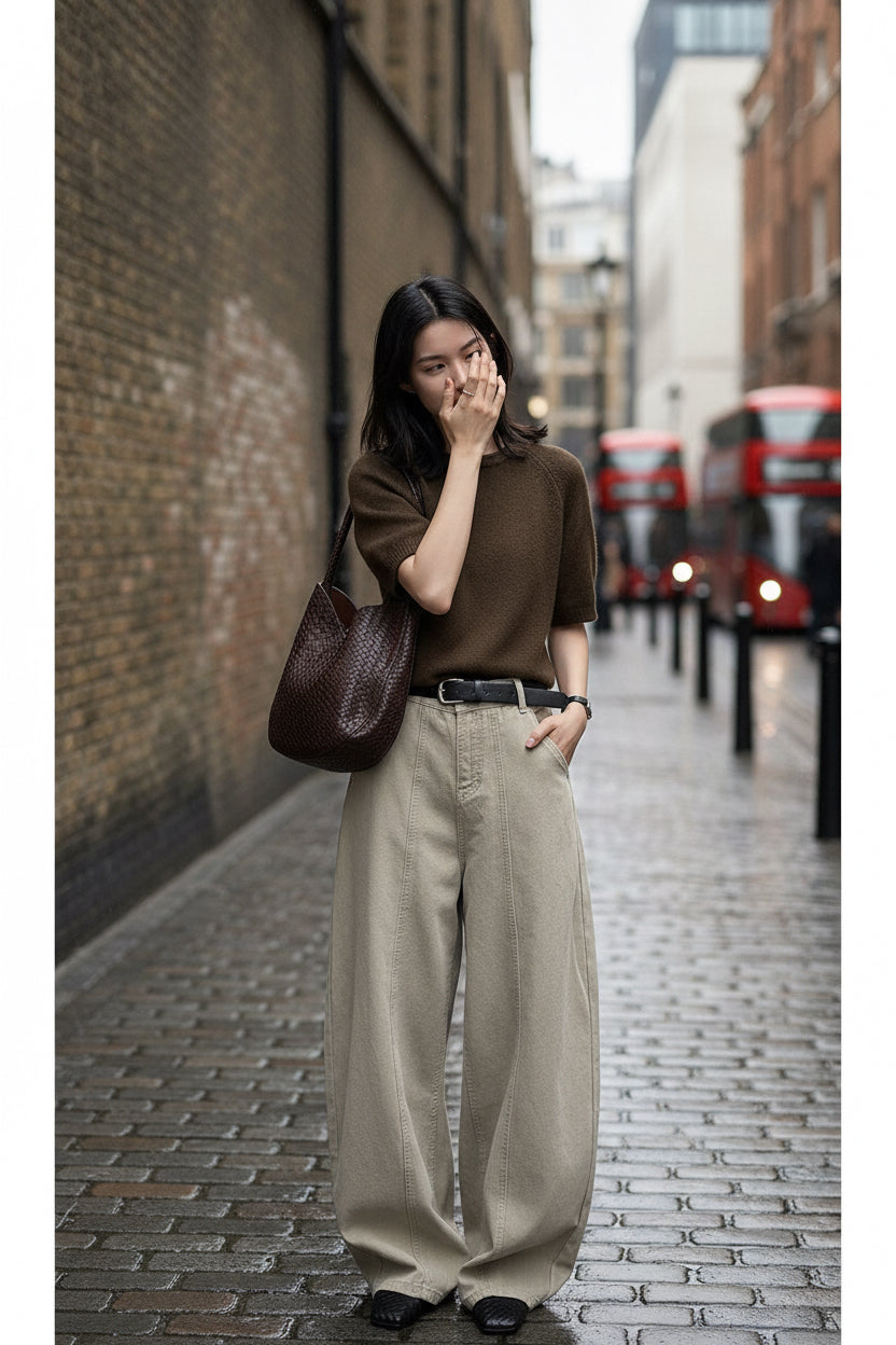 High Waist Wide Leg Split Design Denim Pants with Belt for Women Relaxed Fit Slimming Casual Trousers