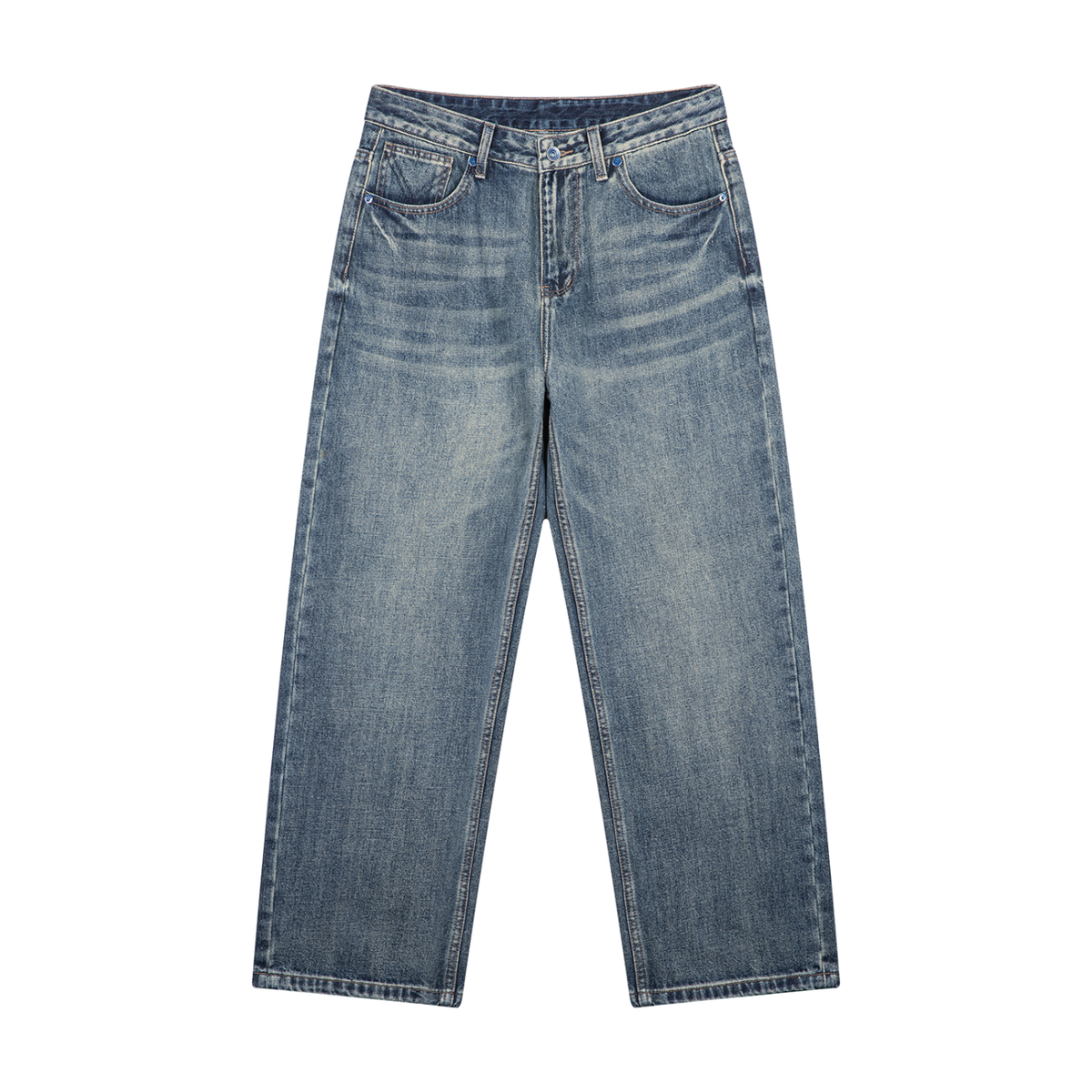 ODMPOD Driftline straight leg jeans in a classic denim wash with five-pocket styling