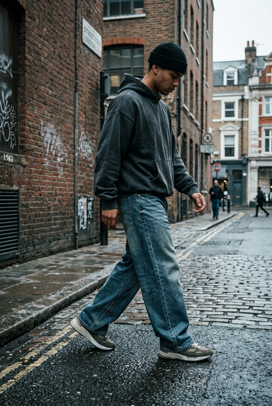 ODMPOD Driftline straight leg jeans in a classic denim wash with five-pocket styling and button closure