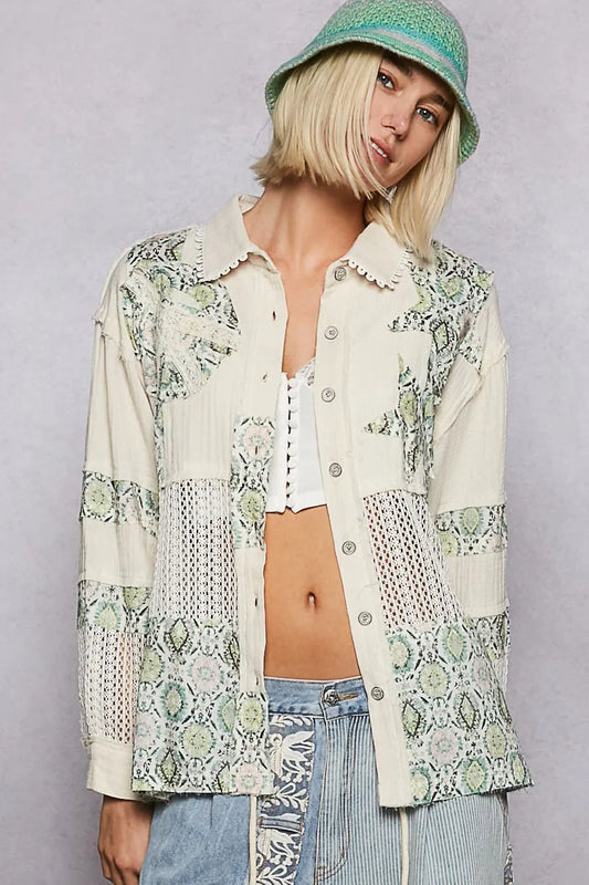 POL Printed Crochet Patchwork Button-Up Shirt - Premium Shirt from Trendsi - Just $48.89! Shop now at Craftklart.store