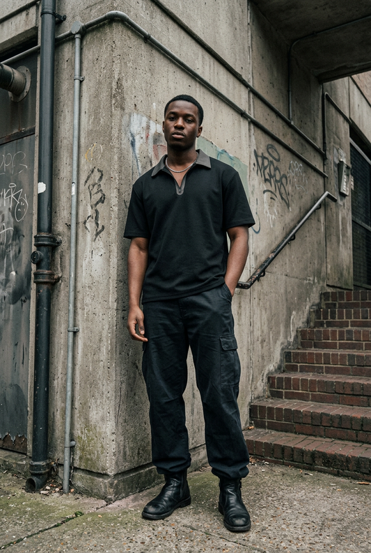ODMPOD Urban Block quarter-zip polo shirt in black with color block design, short sleeves, and a stand collar.